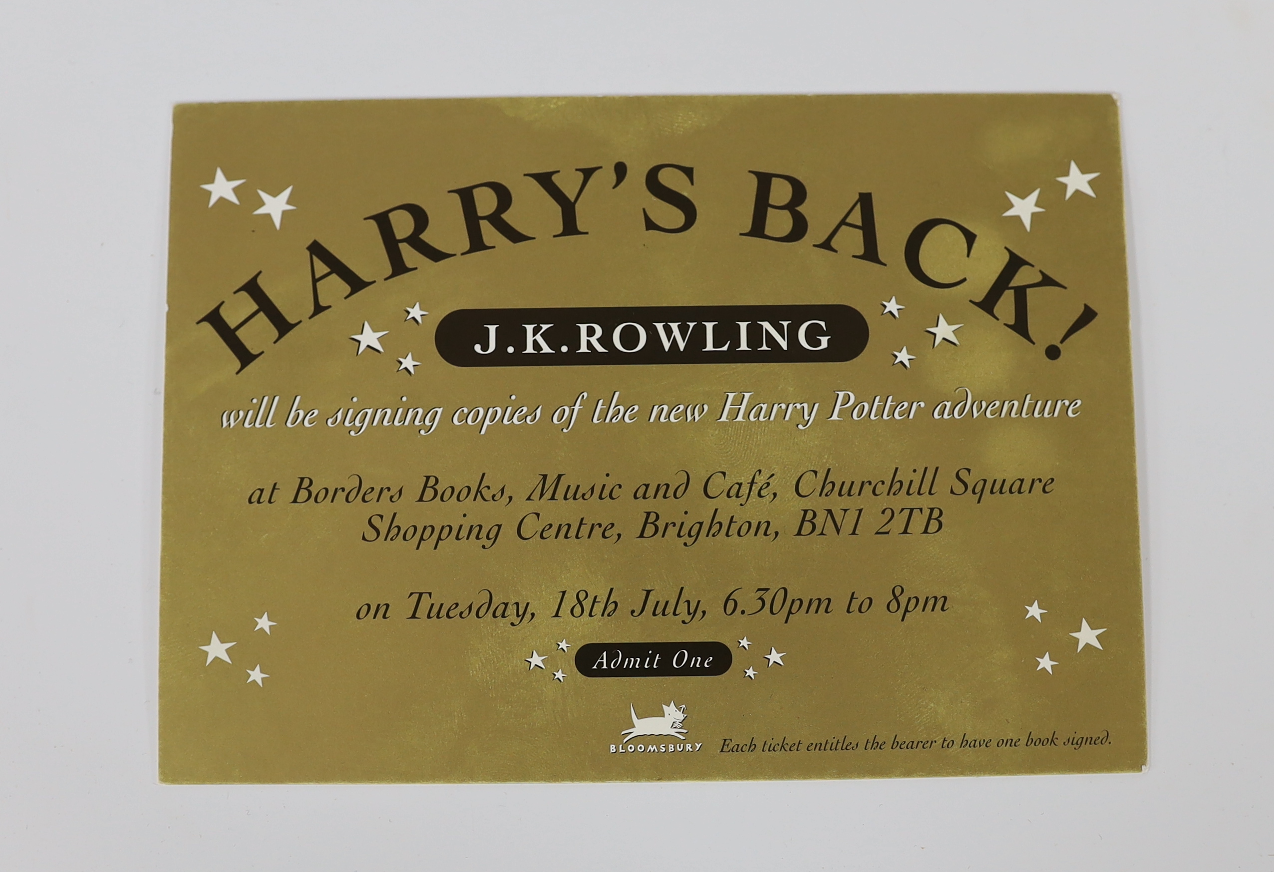Rowling, J.K. - Harry Potter and the Goblet of Fire. Ist edition, signed by author on dedication leaf (and with the signing session admission ticket loosely inserted). vignette illus. half and title pages; publisher's co